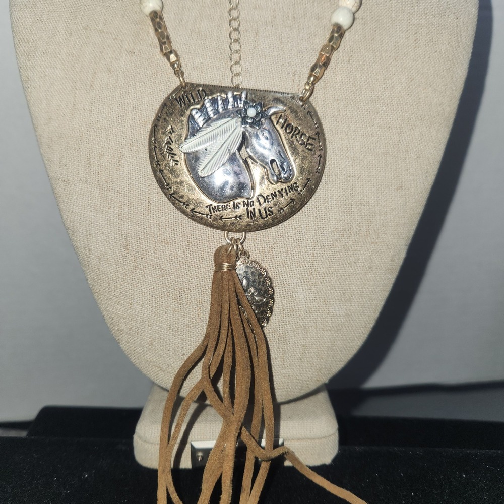 Wild Horse Statement Necklace Mixed Metal Shield Tassel Western Boho Jewelry - Picture 12 of 13